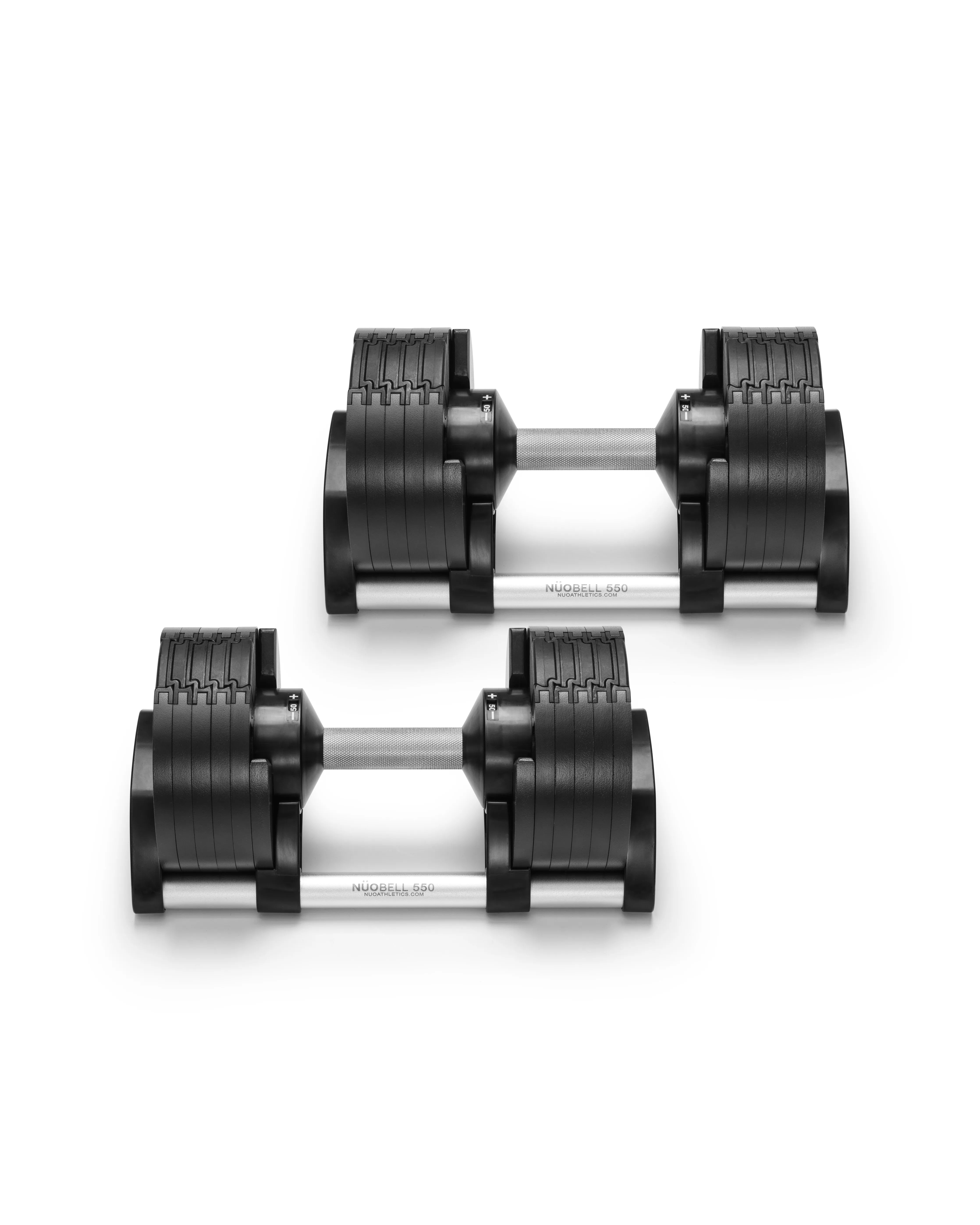 NÜOBELL 550 Silver adjustable dumbbell with a modern metallic finish, offering quick weight adjustments and compact storage for effective home gym workouts.
