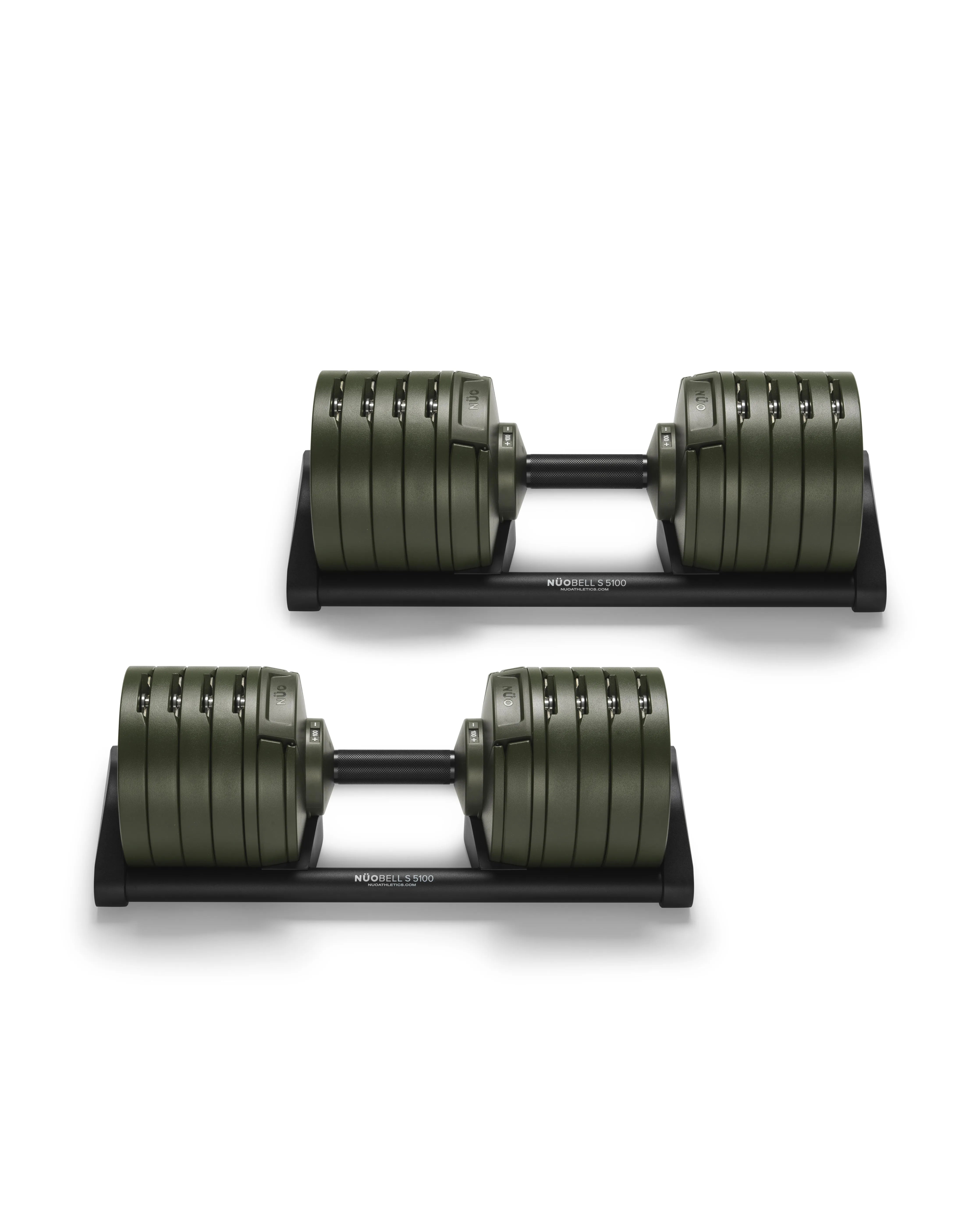 NÜOBELL S 5100 Forest adjustable dumbbell in a distinctive forest green finish, offering compact, space-saving strength training and quick weight adjustments for home gyms.