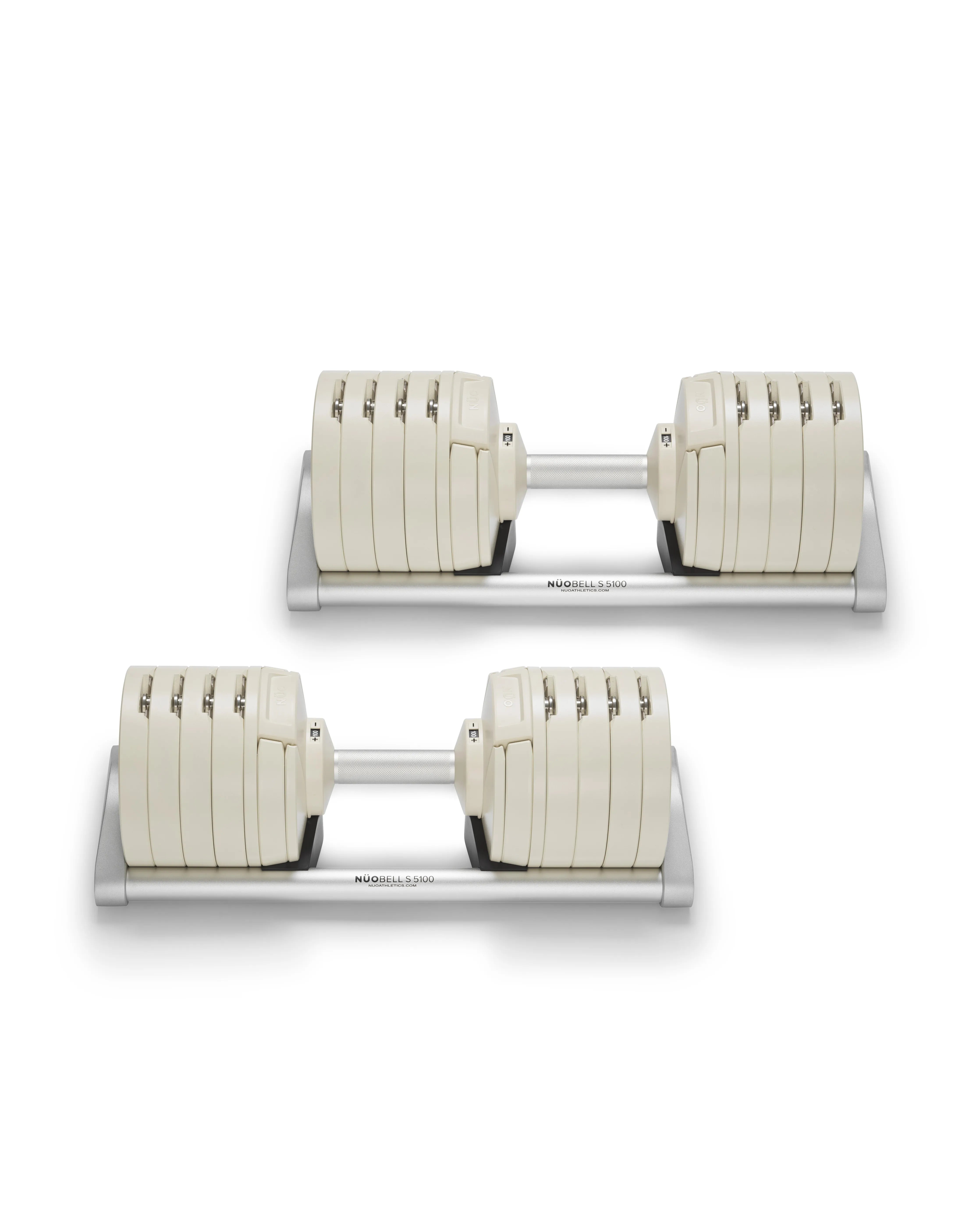 NÜOBELL S 5100 Sand adjustable dumbbell in a modern sand color, designed for versatile home gym workouts with easy weight adjustments and a compact, stylish look.