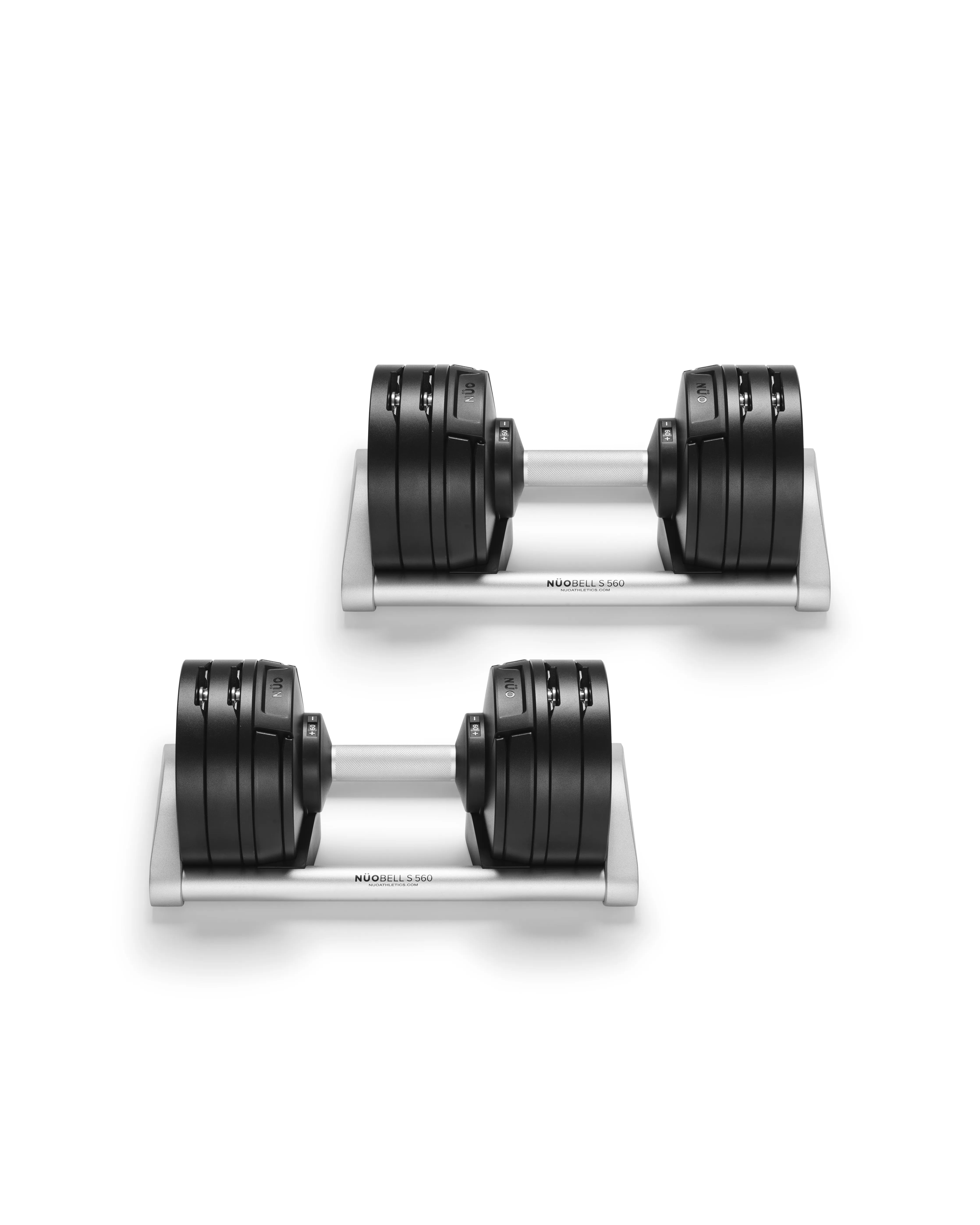 NÜOBELL S 560 Silver adjustable dumbbell with a modern metallic finish, engineered for quick weight adjustments and versatile home workouts.