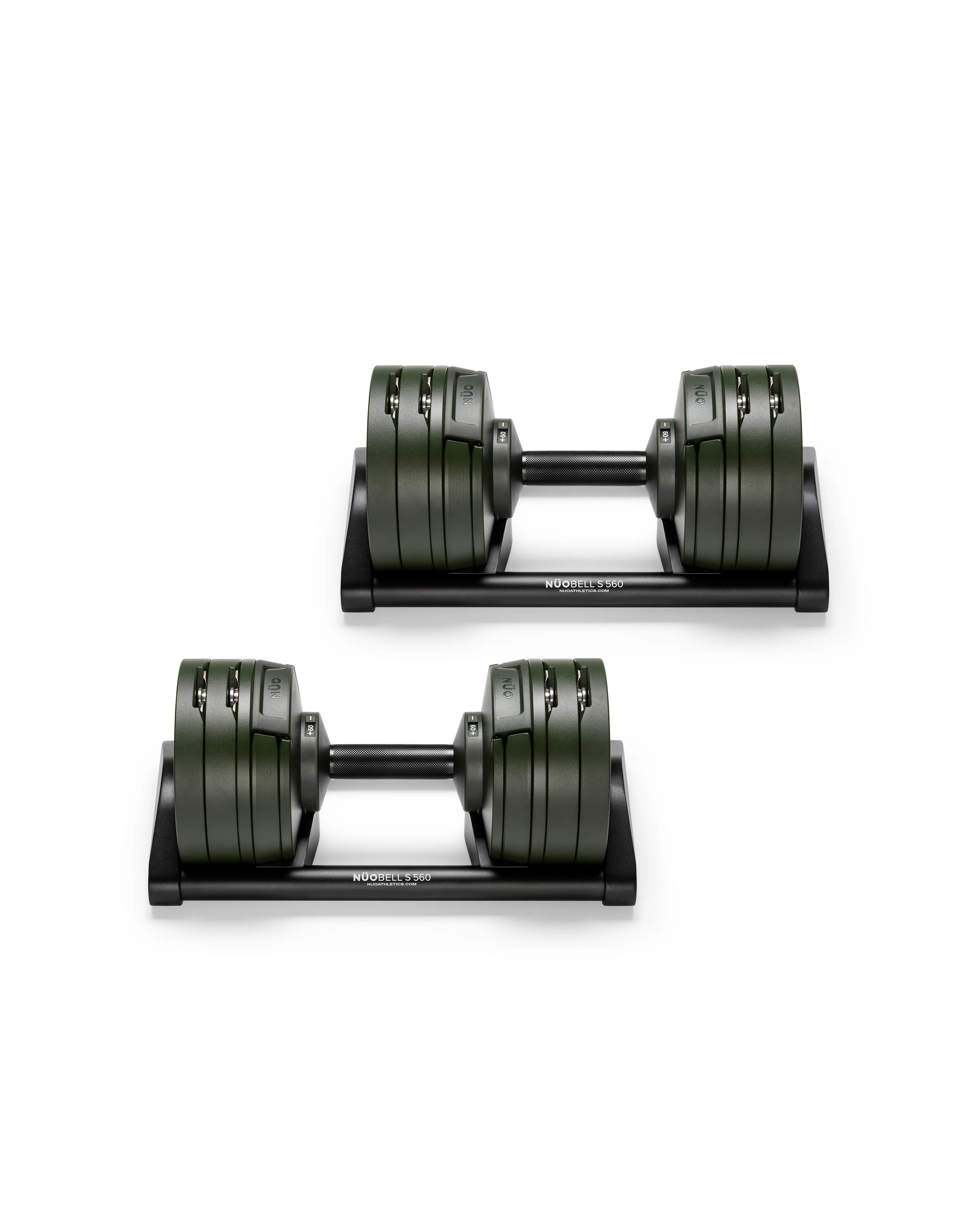 NÜOBELL S 560 Forest adjustable dumbbell in a unique forest green color, offering advanced weight options for home gyms and versatile strength training.