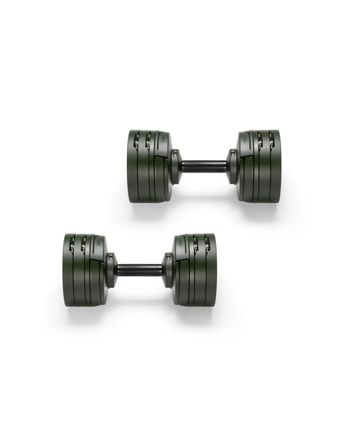NÜOBELL S 560 Forest adjustable dumbbell in a unique forest green color, offering advanced weight options for home gyms and versatile strength training.