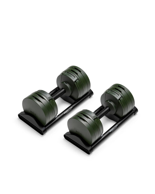 NÜOBELL S 560 Forest adjustable dumbbell in a unique forest green color, offering advanced weight options for home gyms and versatile strength training.