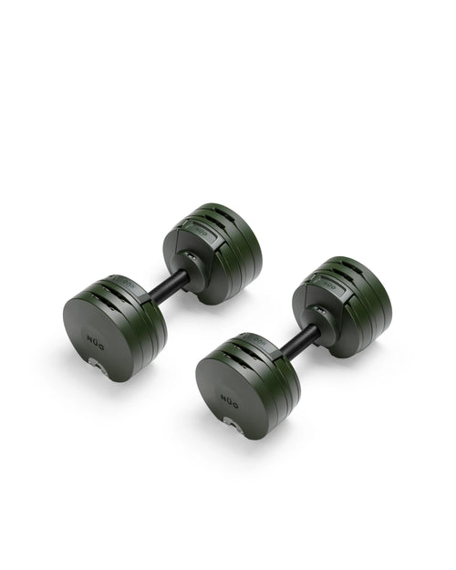 NÜOBELL S 560 Forest adjustable dumbbell in a unique forest green color, offering advanced weight options for home gyms and versatile strength training.