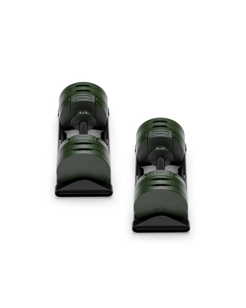 NÜOBELL S 560 Forest adjustable dumbbell in a unique forest green color, offering advanced weight options for home gyms and versatile strength training.
