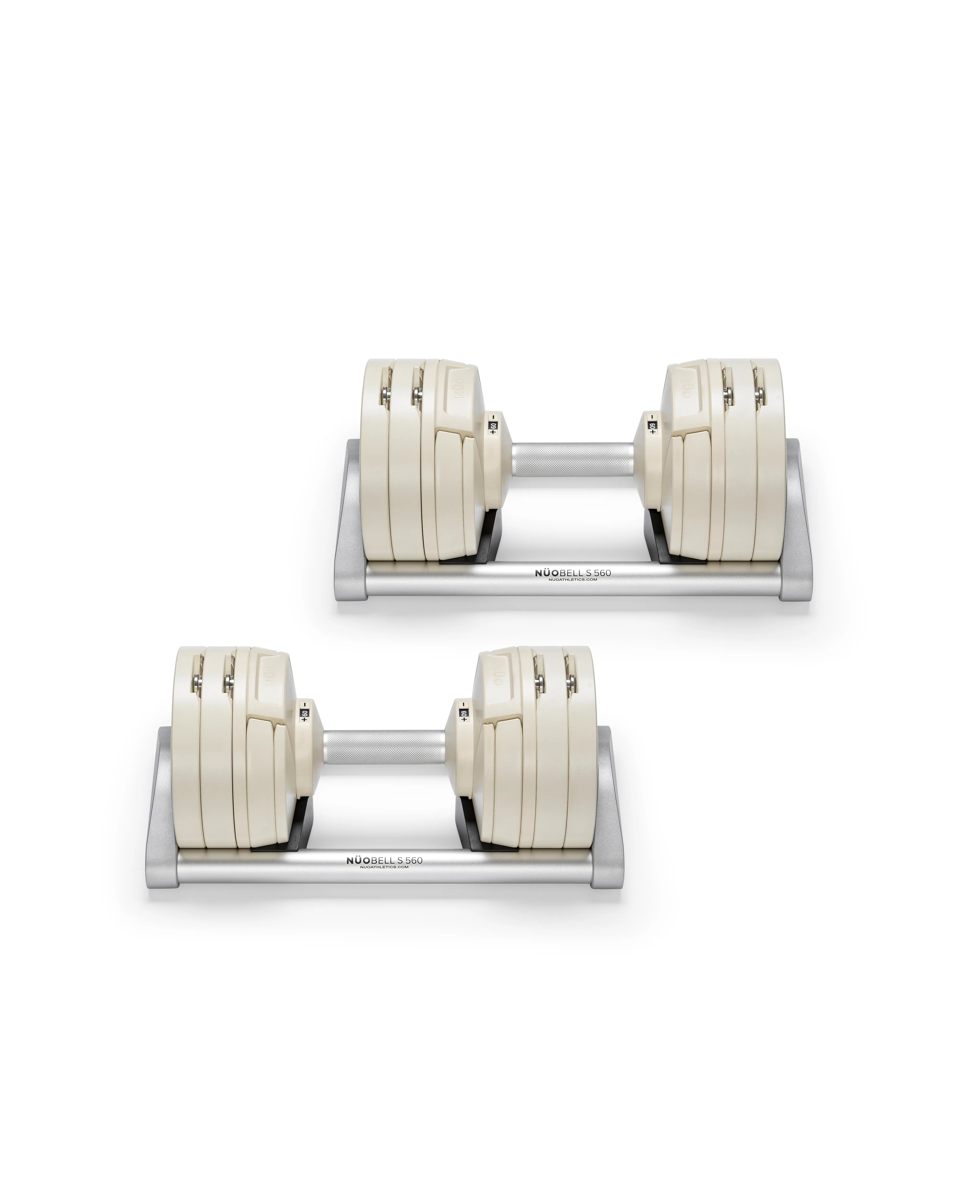 NÜOBELL S 560 Sand adjustable dumbbell in a stylish sand color, designed for home gyms, with advanced weight range and compact, space-saving construction.