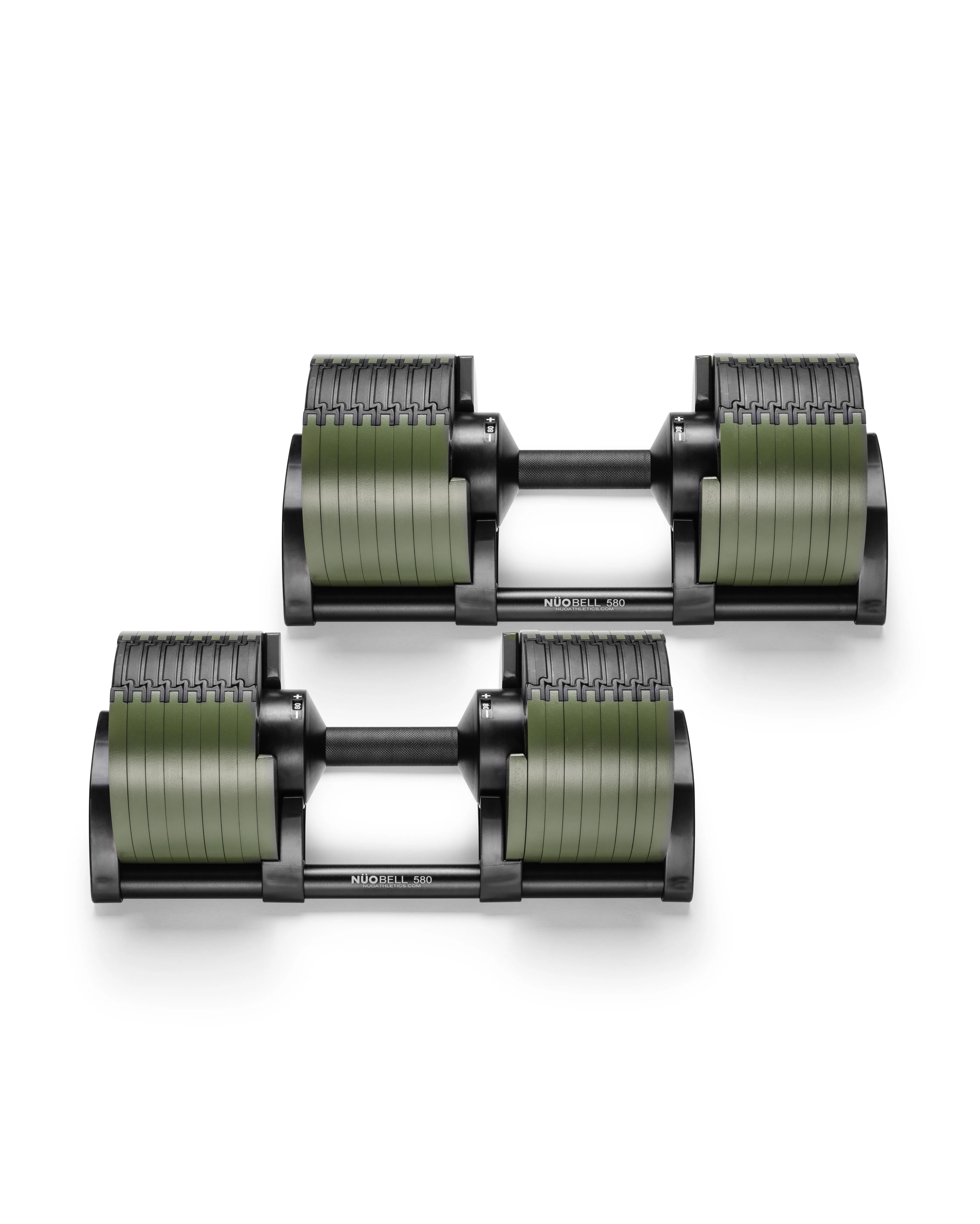 NÜOBELL 580 Green adjustable dumbbell in a vibrant green finish, offering versatile weight options and compact, efficient design for modern home gyms.